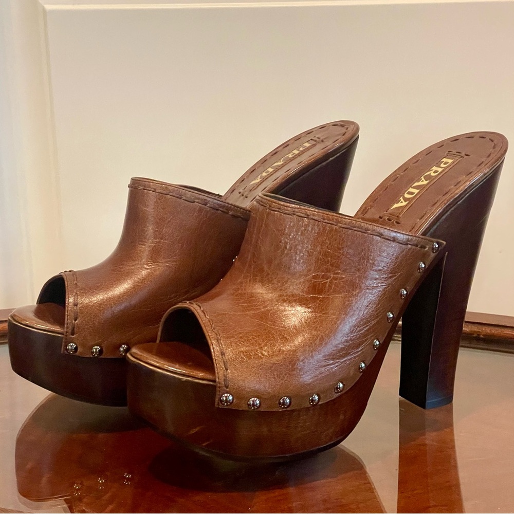 Prada Reto Brown Leather Wood Platform Heels